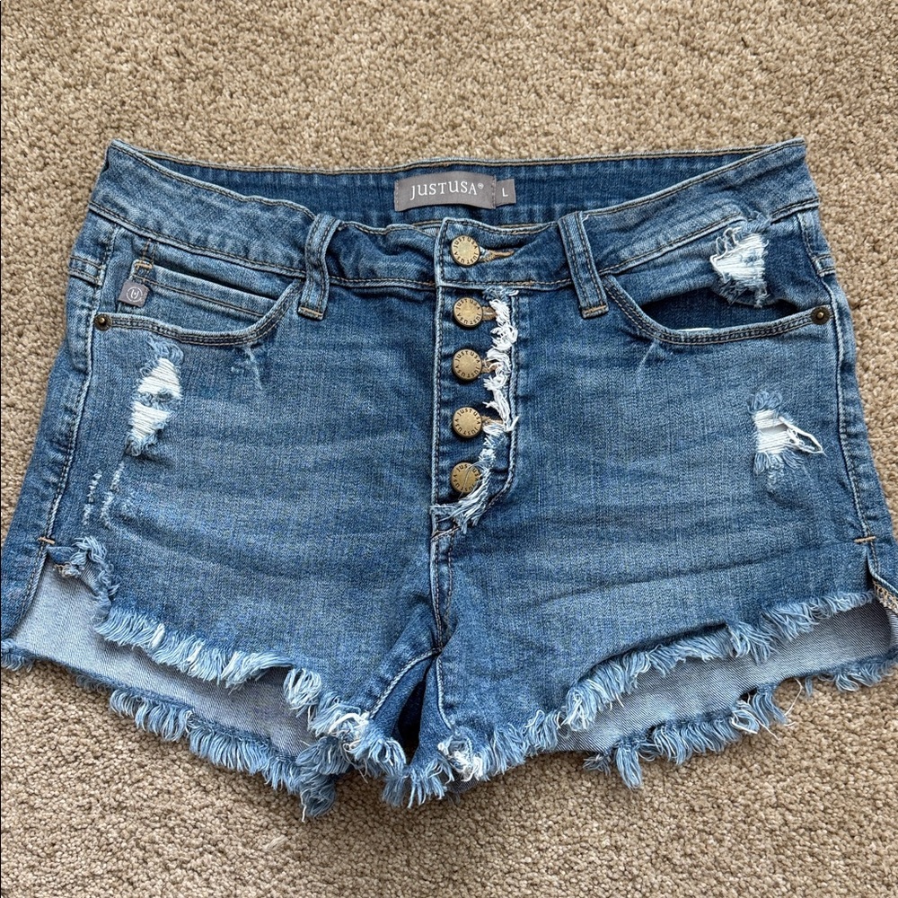 Just USA Button-Front Distressed Denim Shorts in Blue